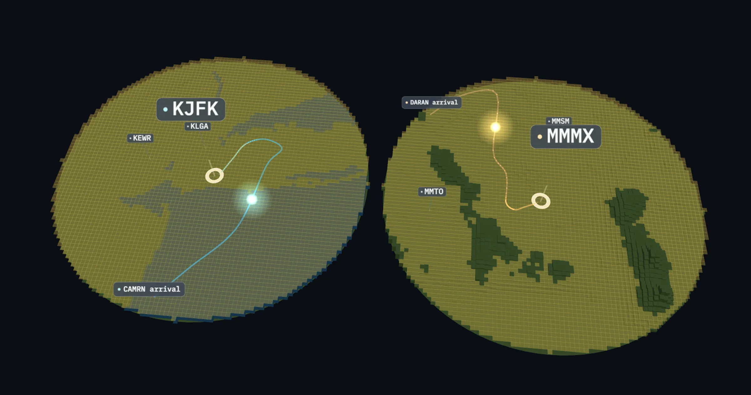 Usable airspace below the safety floor at KJFK versus Mexico City, shown as two voxel globes